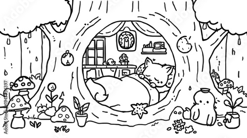 Fox Sleeping Peacefully in a Cozy Hollow Tree Trunk Home at Night