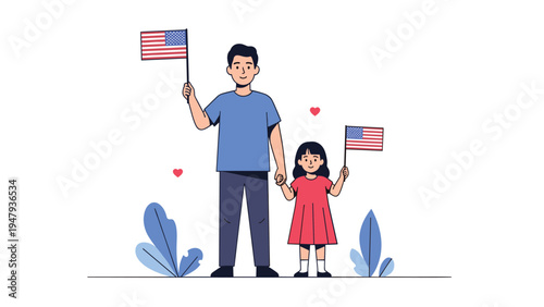 Patriotic father and young daughter holding American flags and standing together to celebrate their national pride and love for their country.