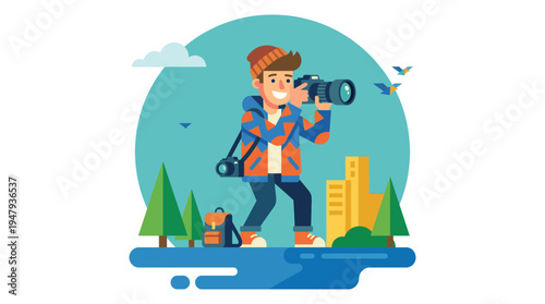 Man holds a camera with determination. He wears a backpack and hiking boots. Leaves swirl around him in a colorful circle.
