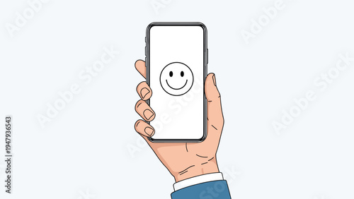 Person holding a smartphone displaying a happy smiley face icon on the screen representing positive digital feedback.