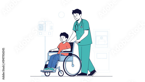 Caring male nurse in green scrubs pushing a young boy sitting in a wheelchair through a hospital corridor facility.