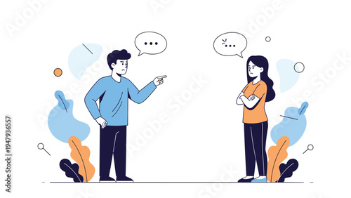 Frustrated man pointing a finger and shouting at a woman during a heated argument or conflict in their relationship.