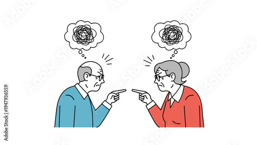 Senior couple standing face to face and pointing fingers at each other while having a stressful argument or dispute.