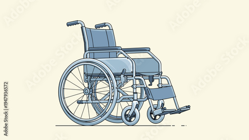 Simple manual wheelchair for medical use and mobility assistance standing alone against a light yellow background.