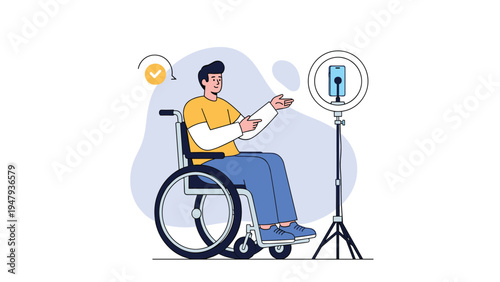 Young man in a wheelchair recording content with a smartphone and ring light for his social media video blog channel.