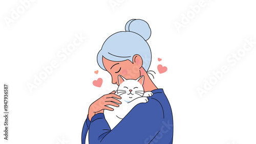 Beautiful young girl tenderly hugging a white cat with pink hearts floating around them showing love and affection.