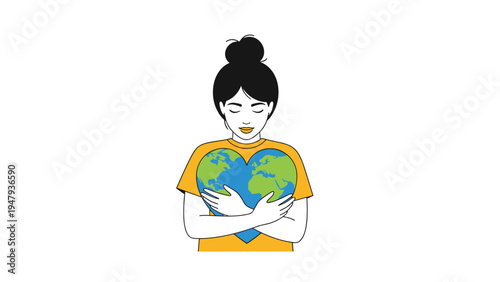 Caring young woman with her eyes closed hugging a heart shaped planet earth to show environmental love and protection.