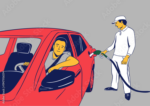 A gas station attendant refueling a customer's car using a fuel nozzle. Vector illustration.