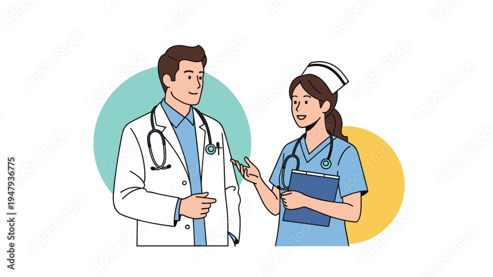 Fototapeta premium Male doctor and female nurse in medical uniforms standing and having a professional discussion about patient care.