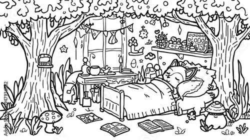 Animal Sleeping Soundly in a Cozy Whimsical Tree Den Bedroom Illustration