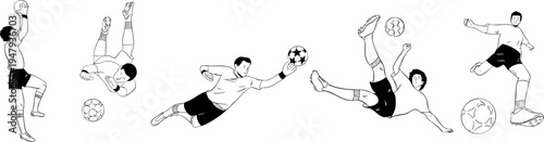 A set of black and white illustrations of soccer players with a ball. Vector illustration.