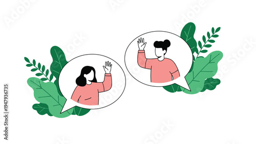 Two women appearing in speech bubbles waving hello to each other as a concept for online video communication.