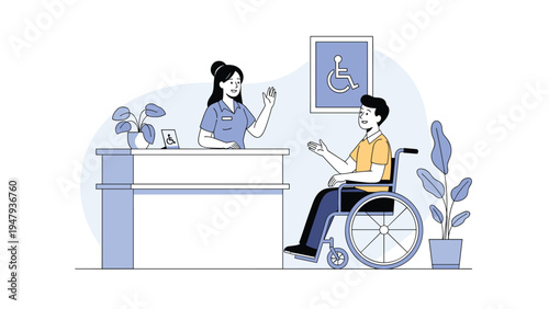 Friendly receptionist at a medical clinic greeting a male patient in a wheelchair for his scheduled appointment.