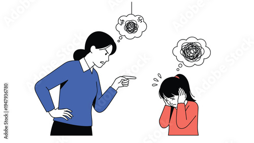 Angry mother shouting and pointing a finger at her young daughter who is covering her ears and looking very sad.