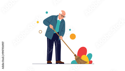 Active senior man bending over and using a broom to sweep colorful shapes on the floor in a minimalist style.