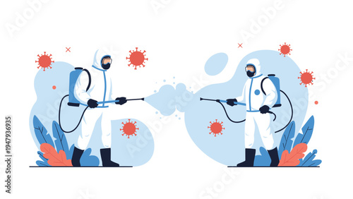 Two health workers in white hazmat suits and masks spraying disinfectant to kill virus particles in the open air.