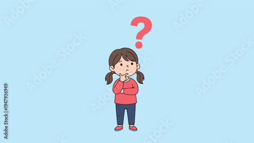 Young girl with pigtails standing and thinking with a large red question mark floating above her head in confusion.