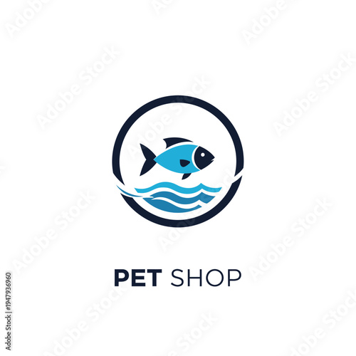 Aquatic fish emblem with wave layers for pet store identity and modern business branding