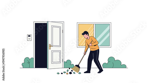 Hardworking man using a broom to sweep autumn leaves away from the front door of his house on a bright sunny day.