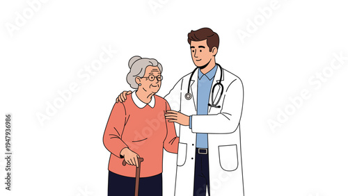 Caring male doctor in a white coat providing support and guidance to an elderly woman who uses a walking cane.