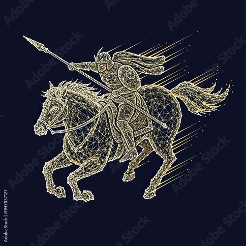 Illustration of Warrior Riding Horse with Spear.