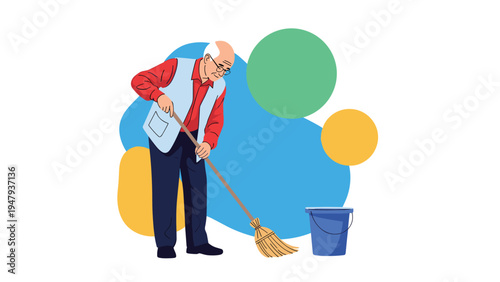 Elderly man wearing glasses and a vest sweeping the floor with a wooden broom near a blue bucket, diligently performing daily chores.