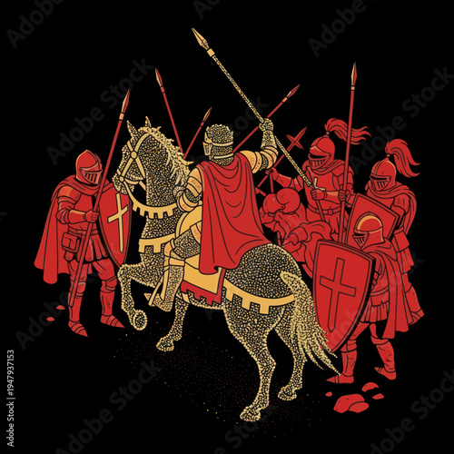 Medieval Knight on Horseback Leading Warriors.