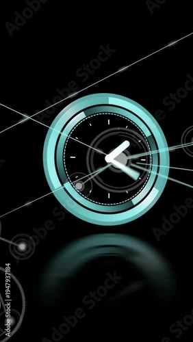 Cyan semicircular arc revealing from left, clock dial pulsing, connecting beams forming for tech UI