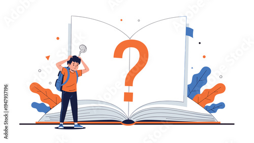Young student standing in front of a giant open book with a large orange question mark, feeling confused about his complex studies.