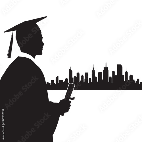 Graduate in cap and gown holding diploma.