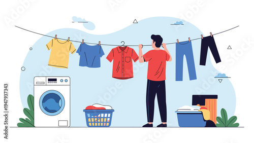 Man hanging freshly washed colorful clothes on a line outdoors near a white washing machine and several laundry baskets.
