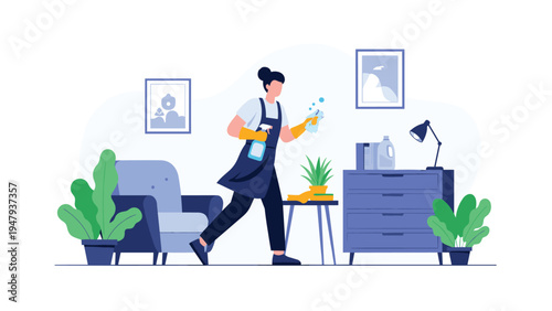 Professional female cleaner wearing an apron and yellow gloves dusting a dresser and spraying cleaner in a tidy living room.