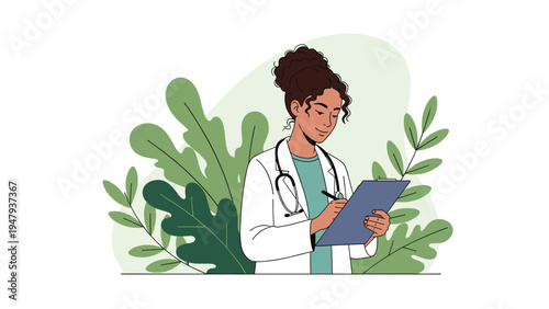 Young female doctor in a white coat and stethoscope taking notes on a clipboard against a lush green leaf background.