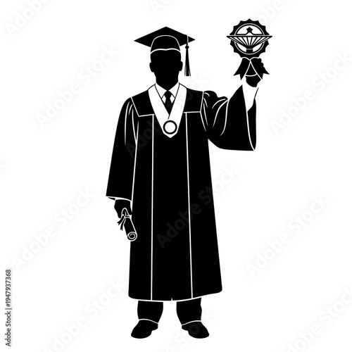 Graduate in cap and gown holding diploma.