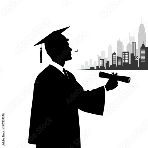Graduate in cap and gown holding diploma.