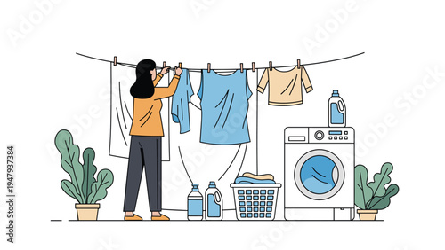 Young woman hanging wet laundry on a line in a room equipped with a modern washing machine and various detergent bottles.