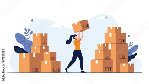 Strong young woman lifting a heavy cardboard box amongst large stacks of parcels in a busy shipping warehouse environment.