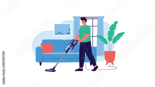 Young man cleaning his modern living room with a vacuum cleaner near a blue sofa and a healthy indoor house plant.