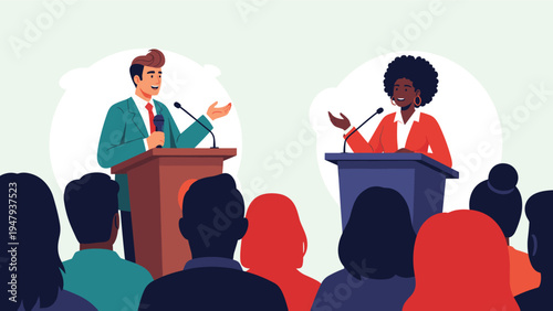 Man and woman standing at podiums with microphones, engaging in a formal public debate or a professional political discussion.