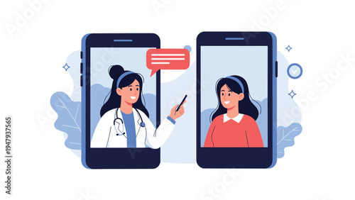 Medical consultation through smartphones showing a professional female doctor advising a patient during a telehealth appointment.