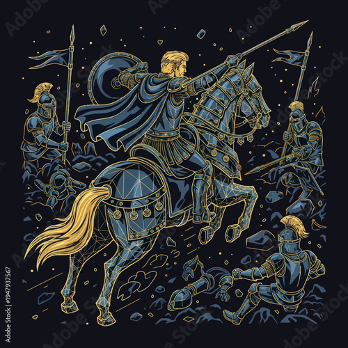 Medieval Knight on Horseback with Soldiers.