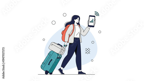 Female traveler walking with a turquoise suitcase and backpack while checking her smartphone for a stable wifi or network signal.