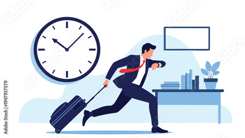 Stressed businessman running with a suitcase while checking his watch near a giant clock, showing a critical time deadline.