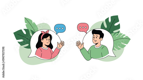 Friendly man and woman communicating through speech bubbles, representing modern social interaction and online chatting.