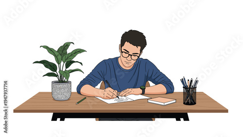 Focused young man wearing glasses sitting at wooden desk and writing notes in notebook with houseplant and pens nearby.