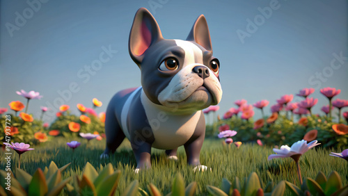 Wallpaper Mural A stylized 3D illustration of a cute French Bulldog standing in a vibrant flower field under a bright sky, with vivid colors and a cheerful, cartoon‑like atmosphere. Torontodigital.ca