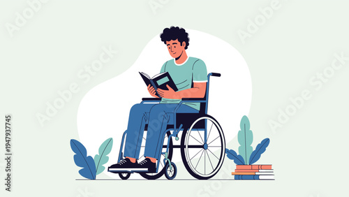 Young man sitting in wheelchair and focused on reading book in library or quiet room with green plants around him.