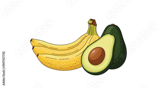 Still life illustration of three ripe yellow bananas and two green avocados with one cut in half showing the pit.