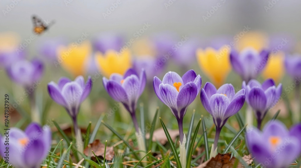 Fototapeta premium Colorful crocuses bloom in spring fields as a bee flies nearby in the warm sunlight
