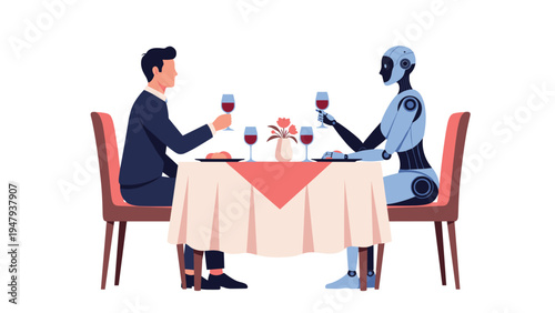 Elegant dinner scene featuring man and female humanoid robot sitting at table and clinking wine glasses in restaurant.